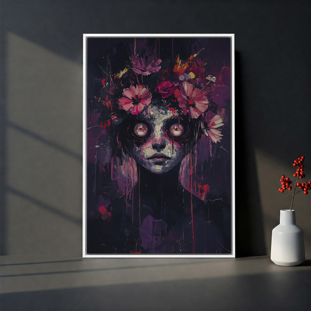 Framed Wall Art: Abstract portrait with floral crown in moody purple and red hues. Perfect statement piece for modern decor. Shop now!
