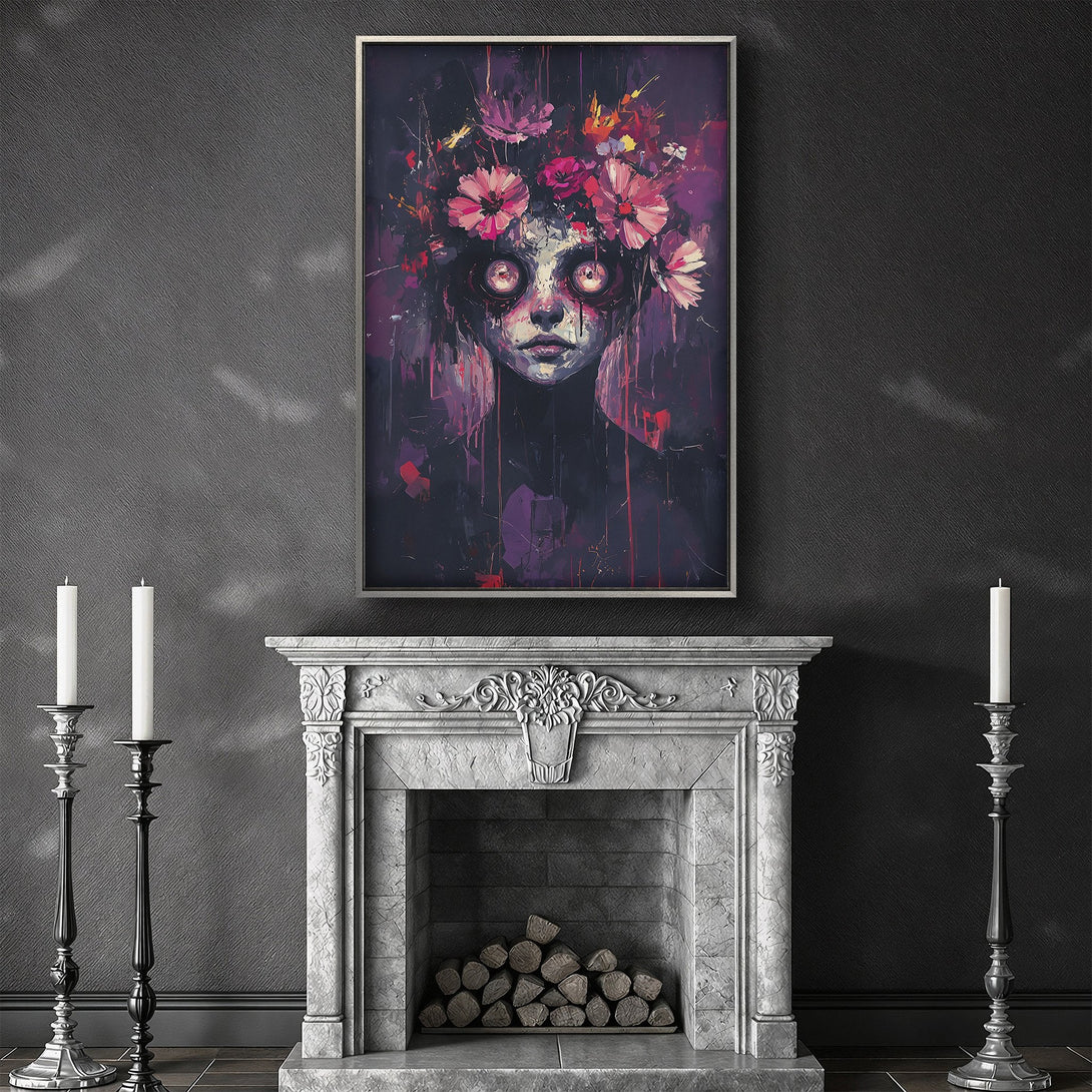 Framed Wall Art featuring a haunting portrait with a floral crown, in a dark, moody color palette. Perfect for adding a touch of gothic art to your home.