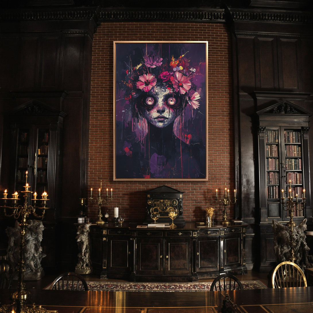 Framed Wall Art: Abstract portrait with floral crown in moody purple and pink hues. Gothic interior decor. Add unique art to your space!