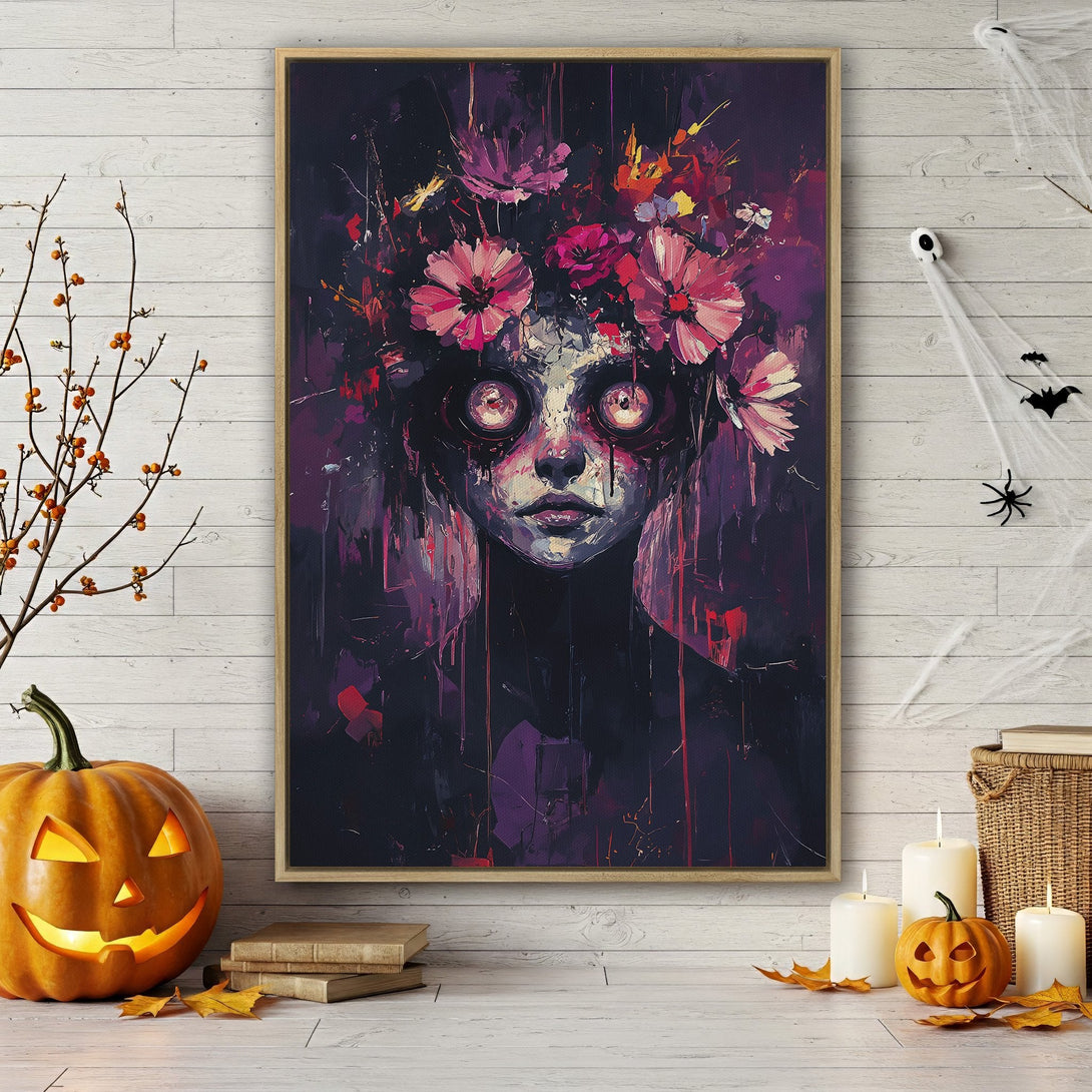 Framed Wall Art: Spooky portrait with floral crown in dark purple palette. Perfect Halloween decor! Add a touch of eerie elegance to your space.