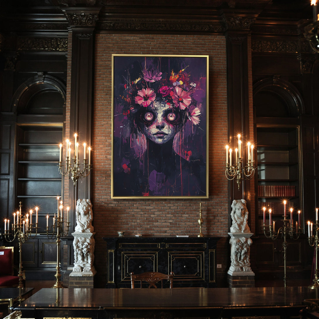 Canvas Print: Abstract portrait with floral crown, dark purple and pink palette, perfect for Halloween decor.