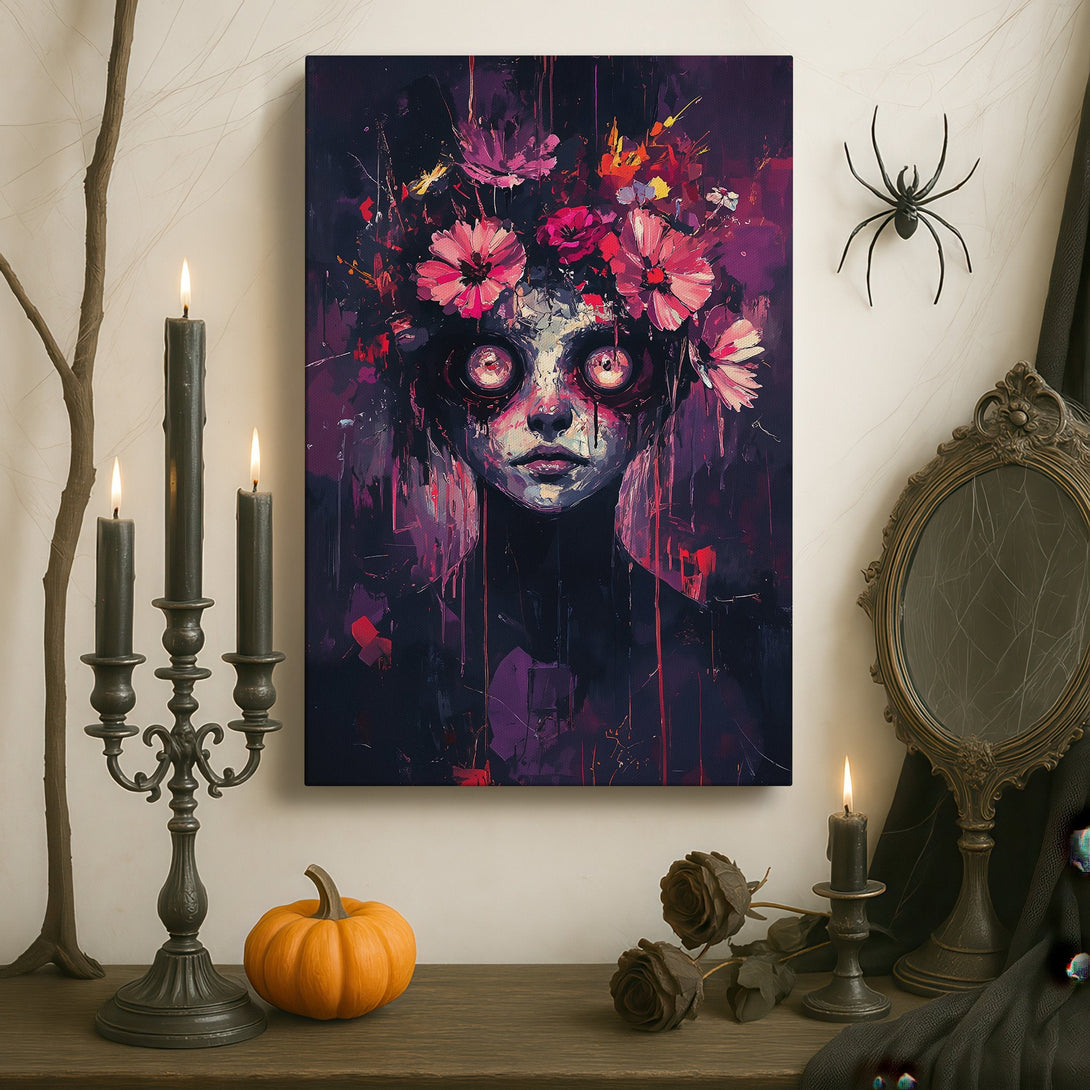 Framed Wall Art featuring a haunting portrait with floral crown, in a dark, moody style with a purple and pink color palette. Perfect for gothic decor.
