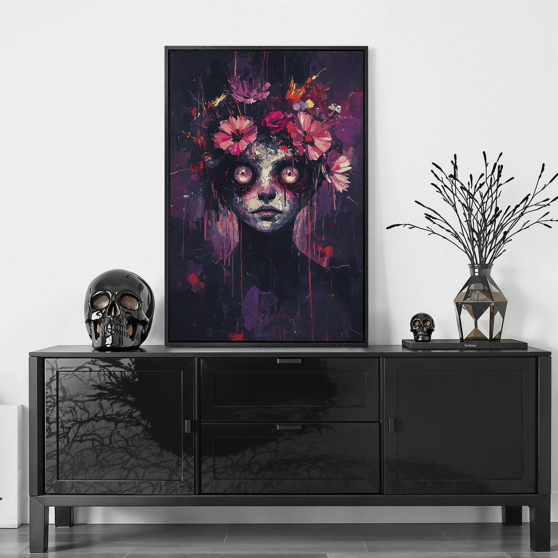 Framed Wall Art featuring a haunting portrait with floral crown, dark and moody color palette. Perfect for adding a touch of gothic art to your home.
