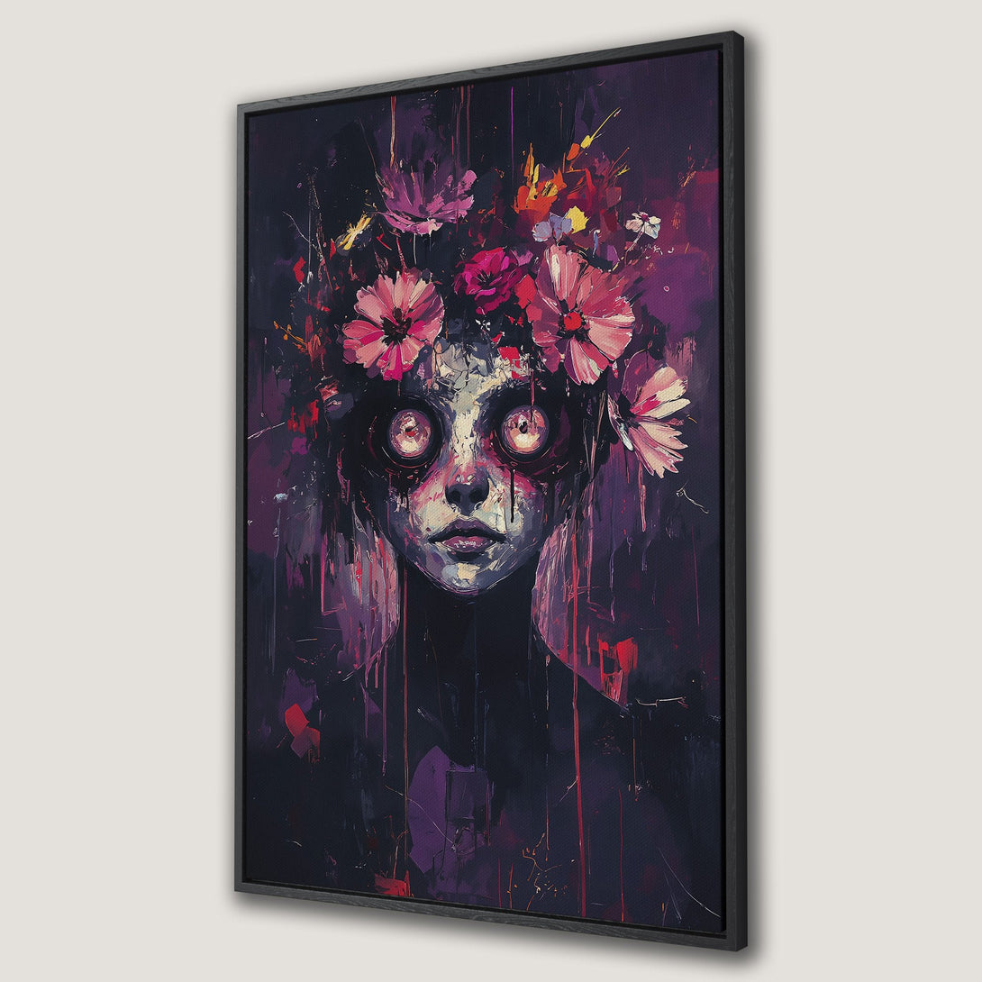 Framed Wall Art: Abstract portrait of a woman with a floral crown. Moody, expressionistic style with a dark, purple and red color palette. Add a touch of art to your space!