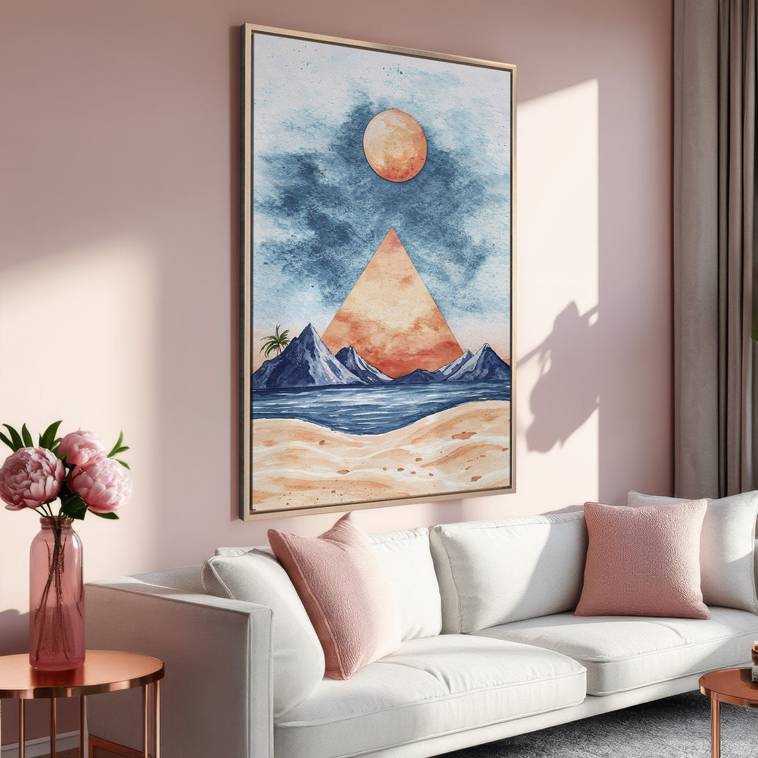 Framed Wall Art: Watercolor landscape with blue, orange, and beige tones. Coastal scene Canvas Print adds a touch of serenity to any space. Shop now!