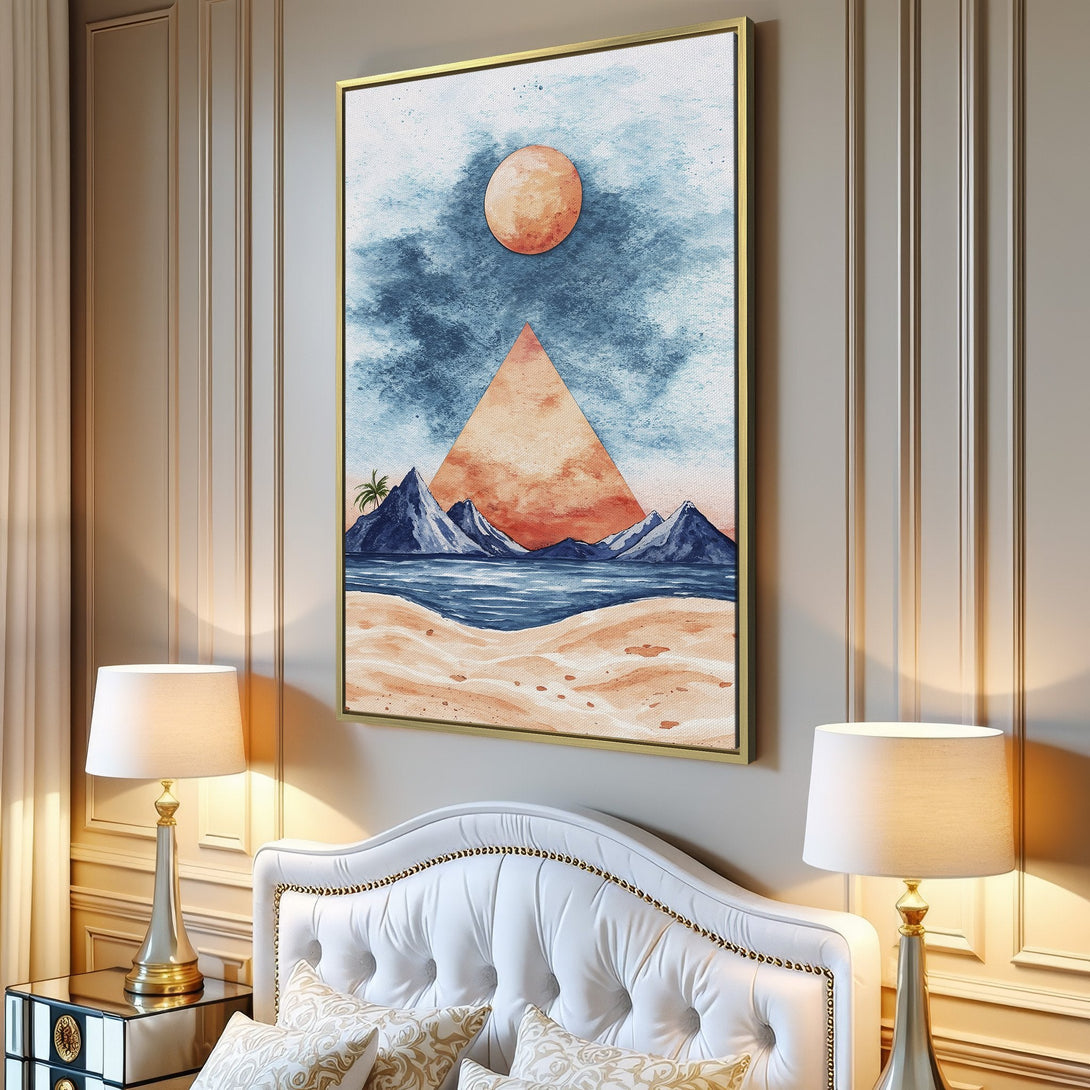 Canvas Print: Watercolor landscape art with a beach and mountain scene in a calming blue, orange, and sand color palette. Perfect for home decor!