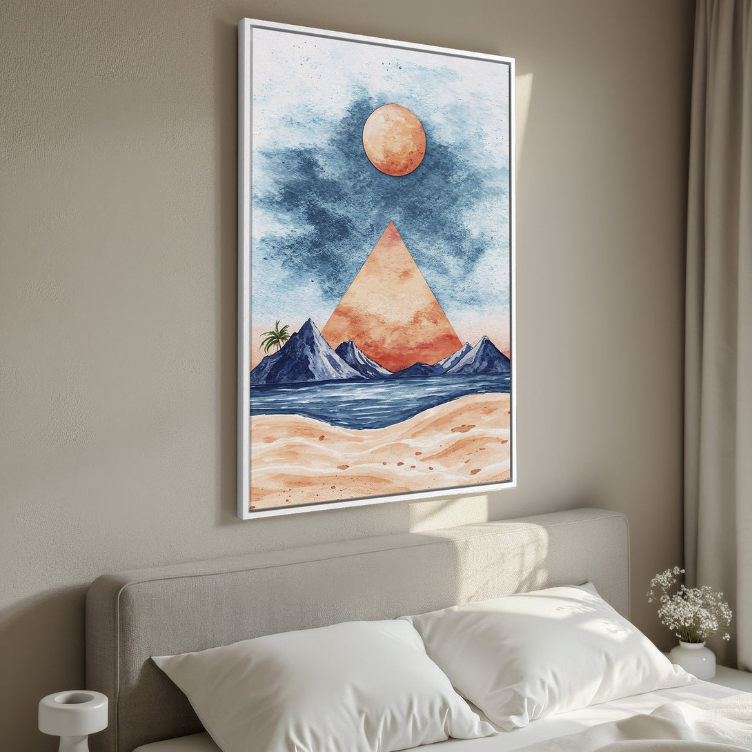 Framed Wall Art featuring a watercolor landscape with a sunset, mountains, and beach in blue, orange, and beige tones. Perfect for bedroom decor.