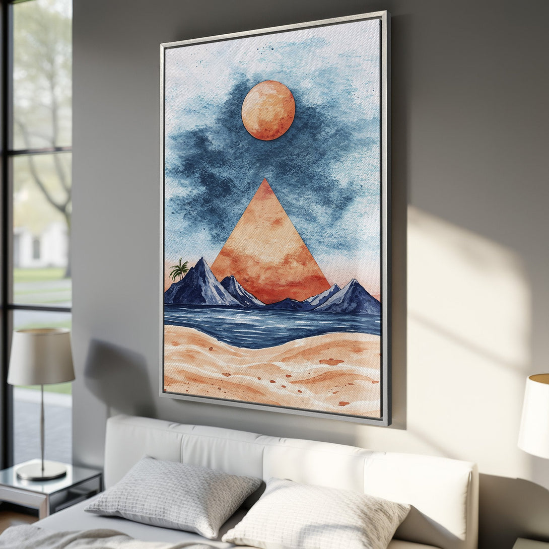 Framed Wall Art: Abstract landscape Canvas Print with a sunset color palette. Features a mountain and sun design. Perfect for modern home decor.