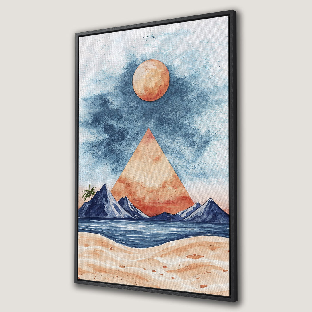 Framed Wall Art: Watercolor landscape with mountains, beach, and sun. Blue, orange, and beige color palette. Perfect for adding a touch of serenity.
