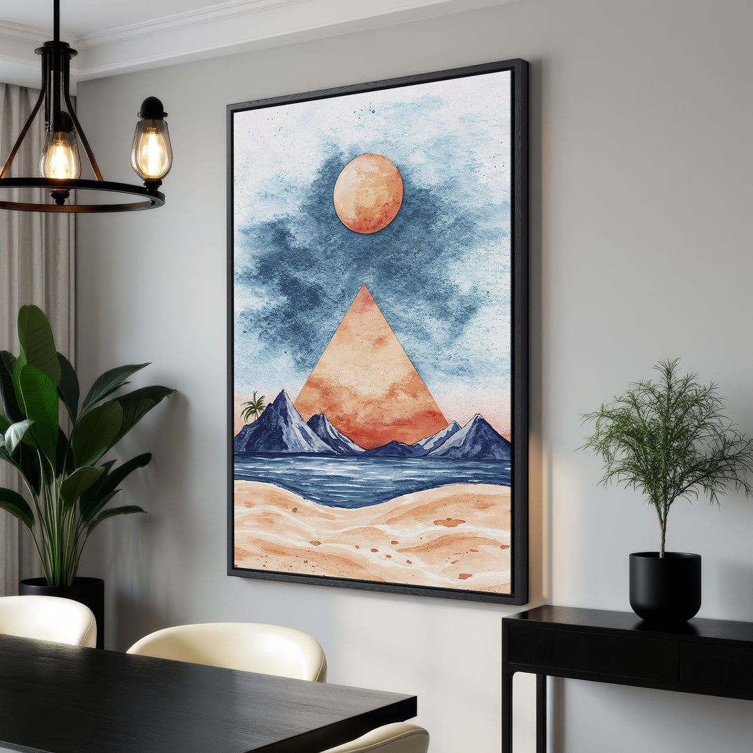 Framed Wall Art: Watercolor landscape Canvas Print with warm sunset and blue sky. Coastal art in a modern dining room, featuring a vibrant color palette.