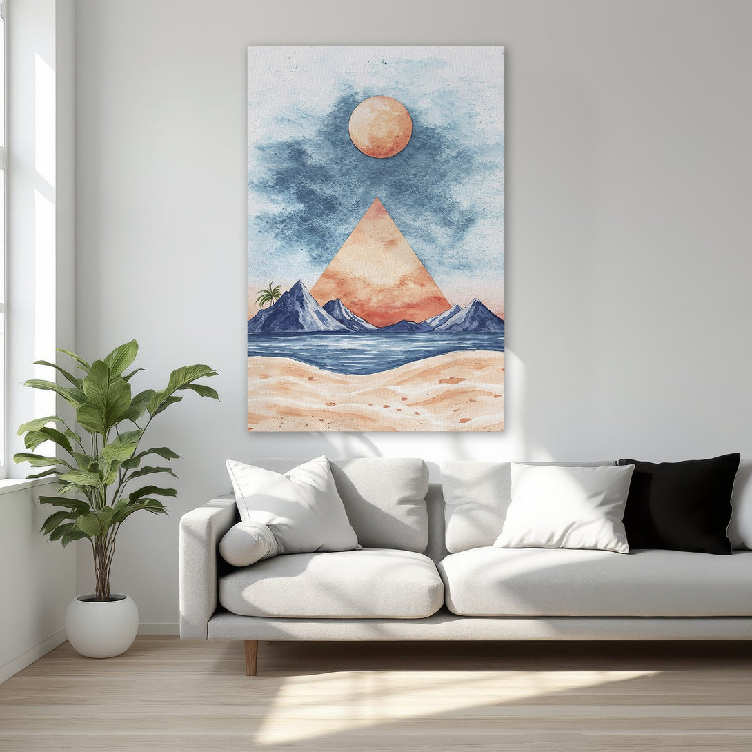 Framed Wall Art featuring an abstract beach scene in watercolor style. Earthy tones of orange, blue, and beige. Perfect for adding a touch of serenity to your space!