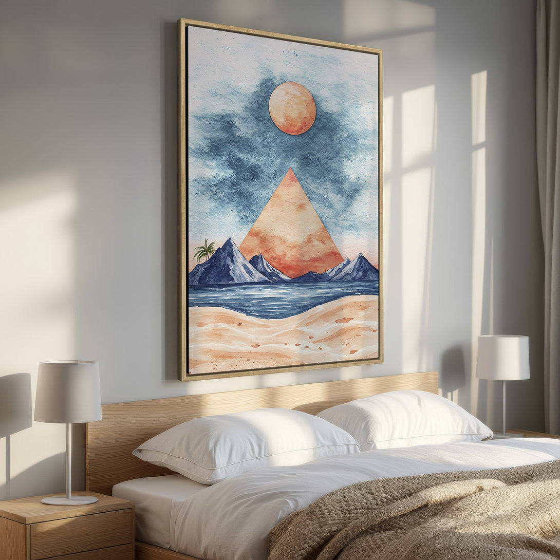 Framed Wall Art: Watercolor landscape with a sun, mountains, and beach. Blue, orange, and neutral tones. Perfect for bedroom decor.