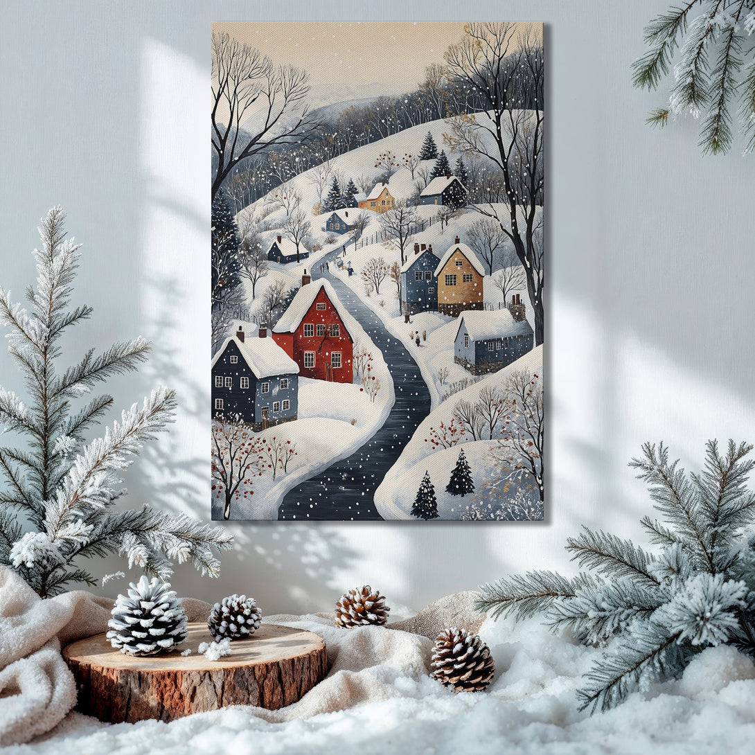 Framed Wall Art: Winter village scene with a gold frame. Cozy, warm color palette perfect for holiday decor. Canvas Print for your home.