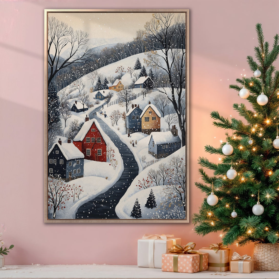 Framed Wall Art: Winter village scene with snowy landscape, houses, & river. Cozy art in blue, red, and neutral tones. Perfect holiday decor!