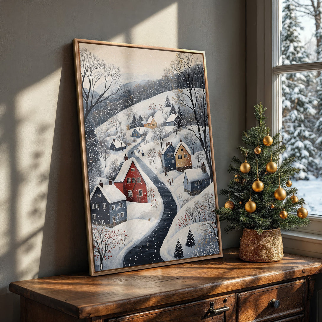 Framed Wall Art: Winter village scene in a cozy interior. Featuring a whimsical style and a cool, muted color palette. Perfect holiday decor!