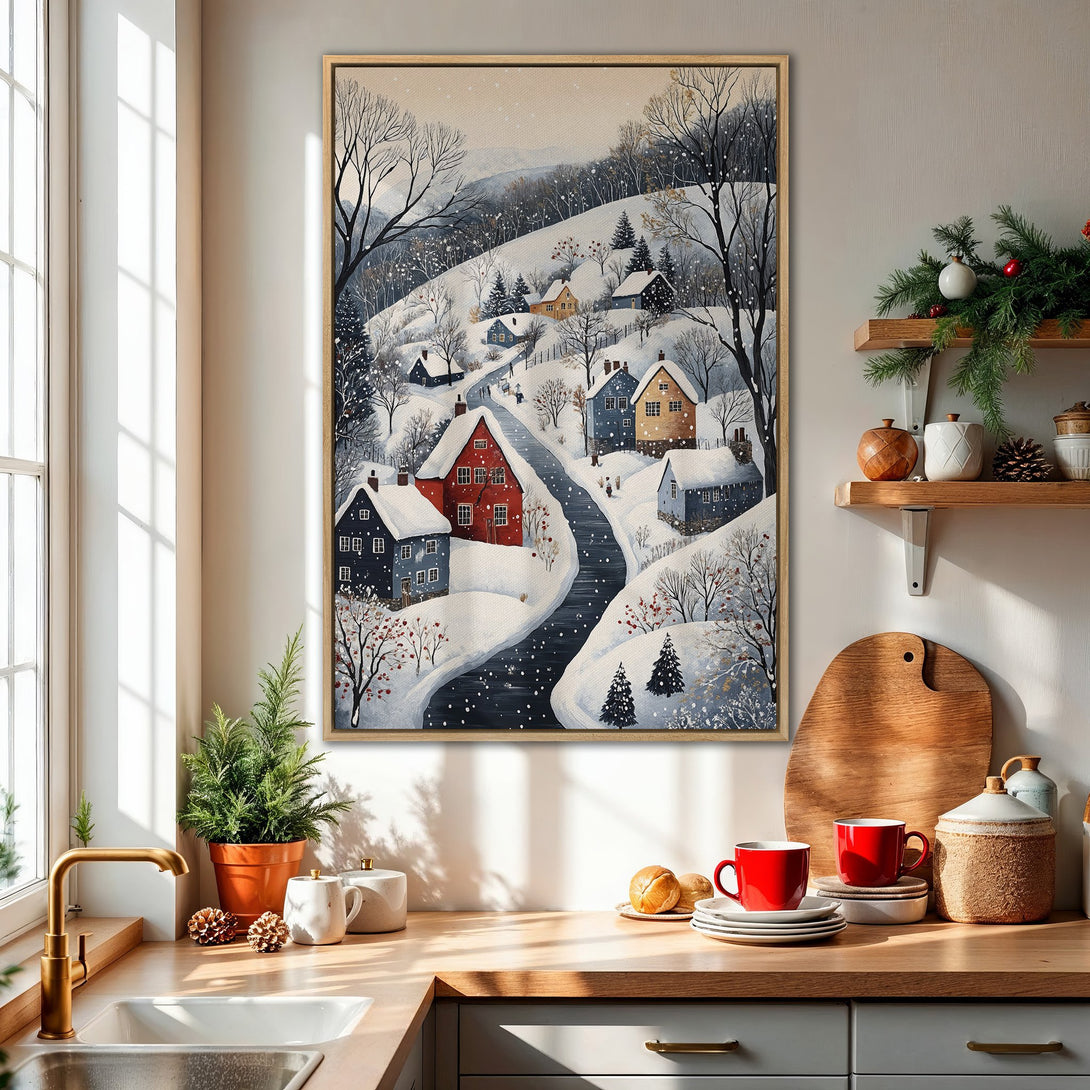 Framed Wall Art featuring a winter village scene in a cozy, painterly style. Warm color palette with pops of red and blue, perfect for adding a touch of charm.