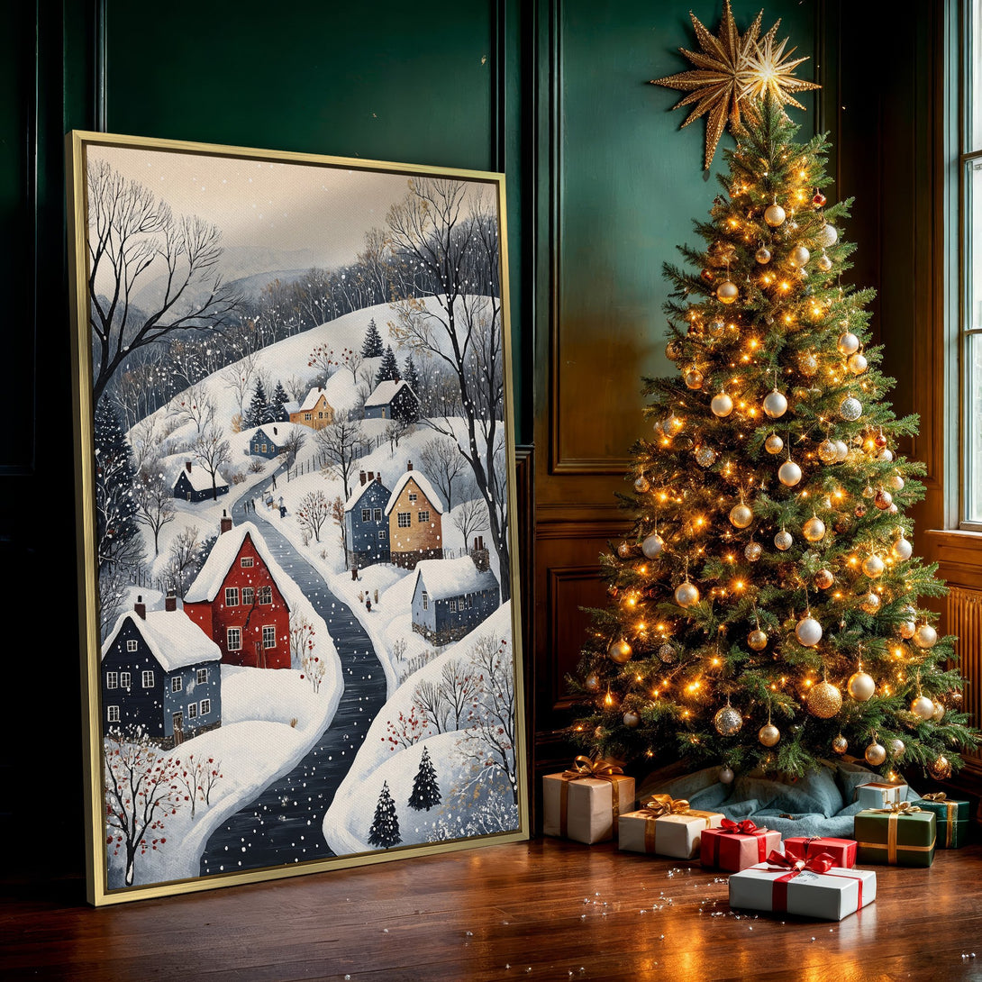 Canvas Print of a snowy village scene in watercolor style, featuring a red house. Winter art in blue, white, and warm tones. Perfect for holiday decor.