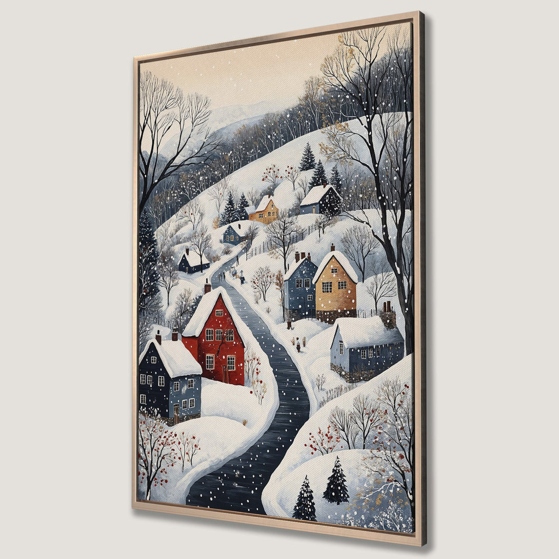 Framed Wall Art of a charming winter village scene. Watercolor style canvas print with a snowy landscape, featuring houses in blue, red, and yellow hues.
