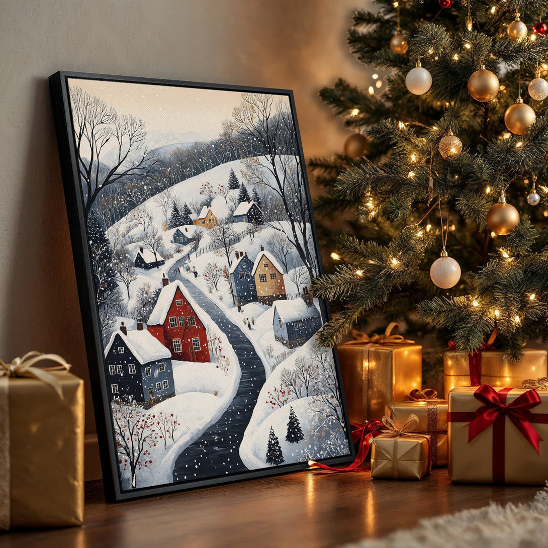 Framed Wall Art: Cozy winter village scene in blue, red, and white. Perfect holiday decor for your home. Shop now!