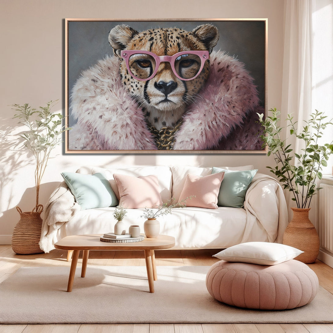 Framed Wall Art: Stylish cheetah portrait with pink glasses & fur coat. Modern art in a chic, blush & neutral color palette. Perfect for home decor!