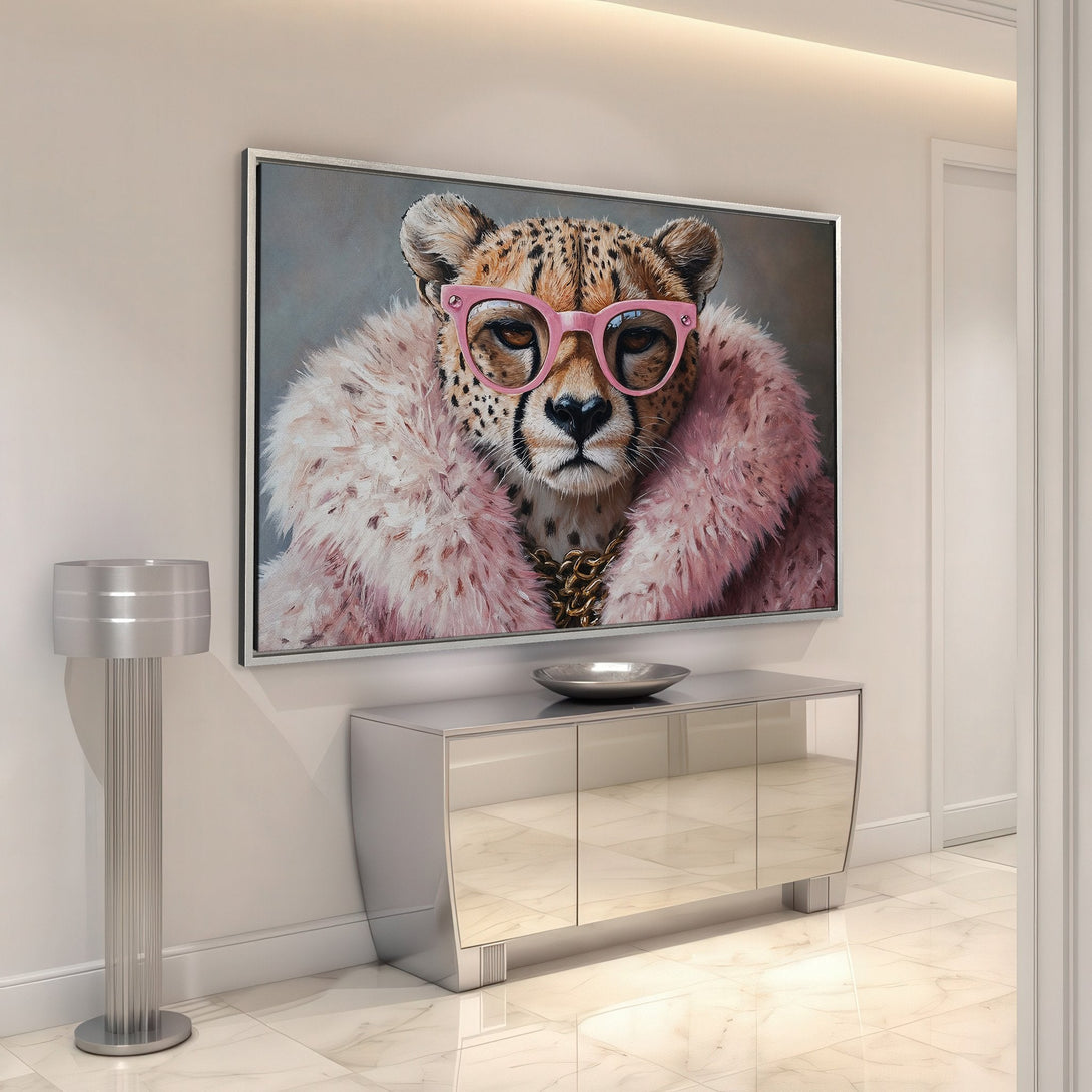 Framed Wall Art: Stylish cheetah portrait in pink and neutral tones. Modern decor, perfect for adding a touch of luxury to your home. Shop now!