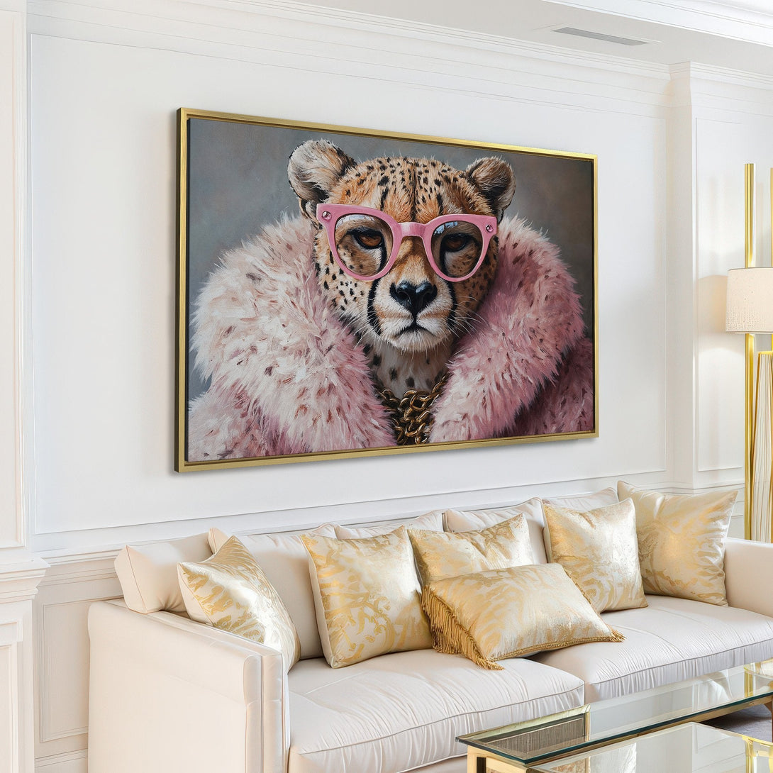 Canvas Print of a stylish cheetah in pink glasses and fur. Modern art in a neutral interior with pops of pink.