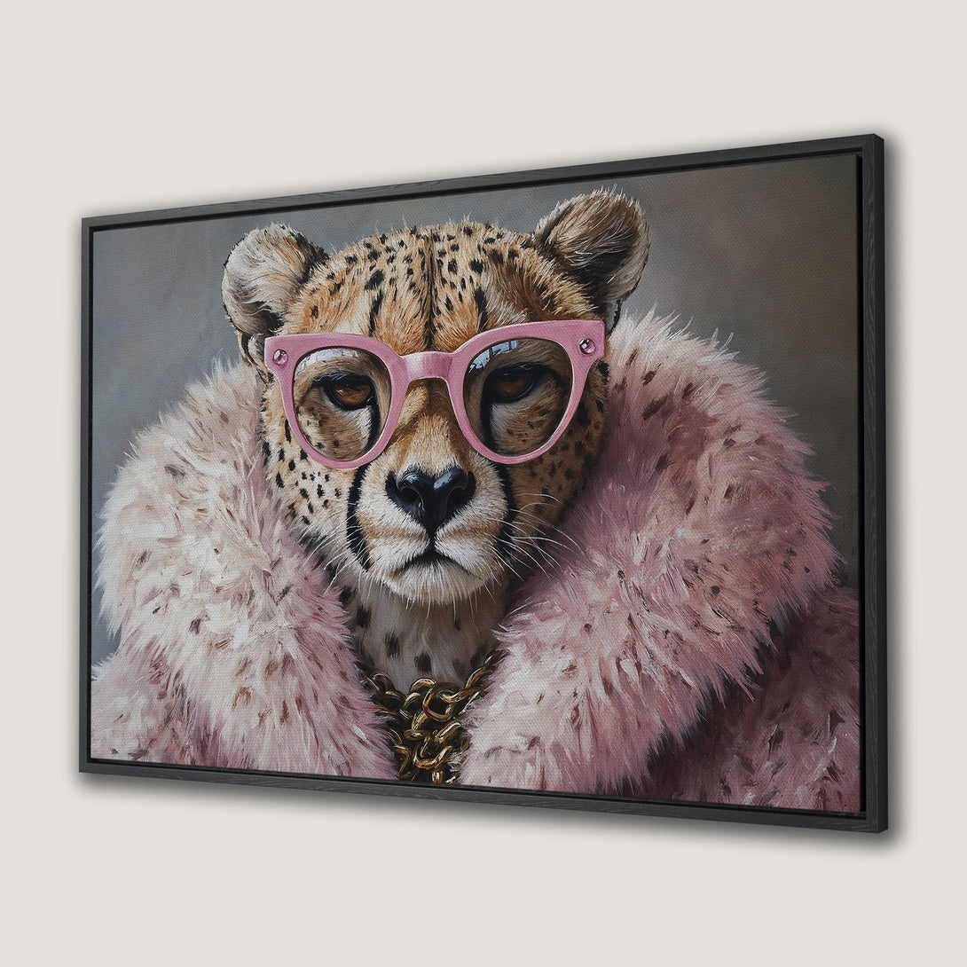Framed Wall Art: Stylish cheetah portrait in pink fur and glasses. Trendy animal art with a modern, chic vibe. Perfect for adding a pop of color!