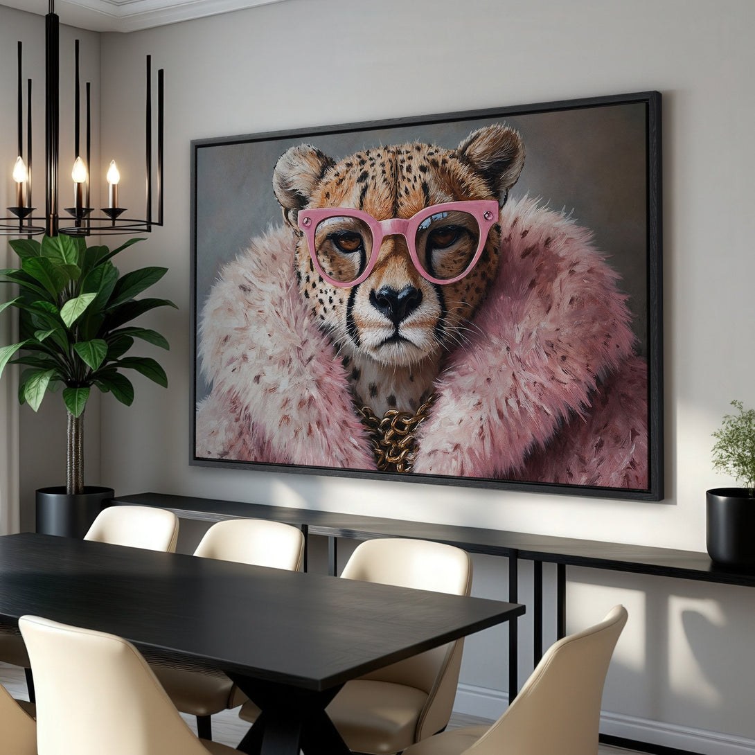 Framed Wall Art: Stylish cheetah portrait in pink and neutral tones. Modern canvas print adds a touch of glam to any interior.
