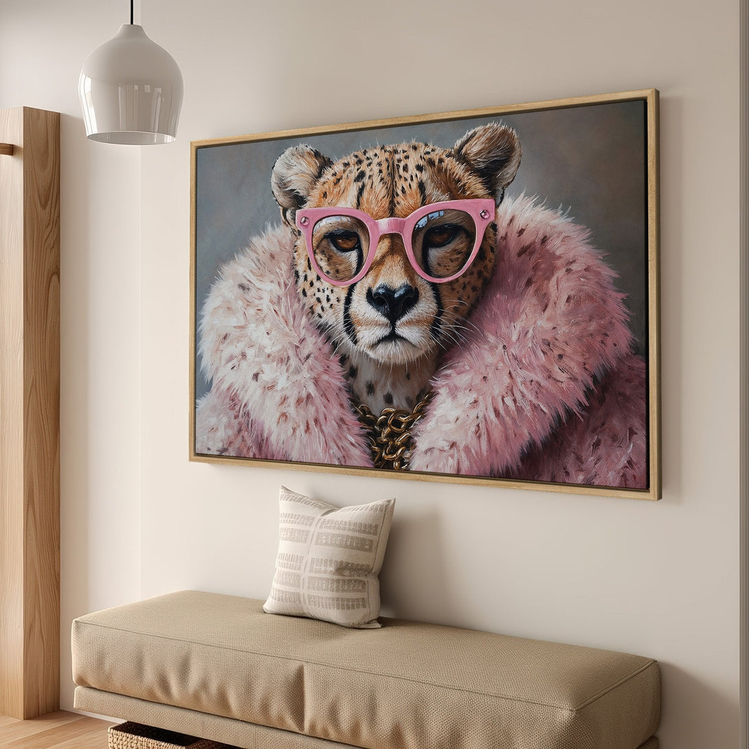 Framed Wall Art: Chic cheetah portrait with pink glasses and fur. Modern style, neutral and pink color palette. Perfect for adding personality to your space!