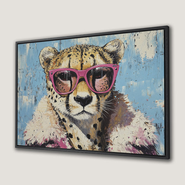 Framed Wall Art featuring a stylish cheetah wearing pink sunglasses. Modern, abstract style with a blue, pink, and neutral color palette. Add a touch of cool to your space!