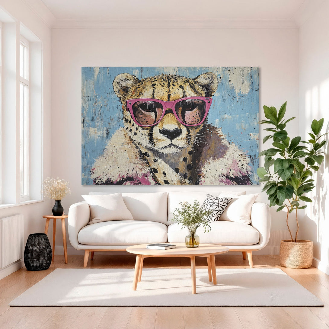 Framed Wall Art: Cool cheetah wearing pink sunglasses. Modern, colorful canvas print with blue, pink, and gold hues. Perfect for stylish home decor.