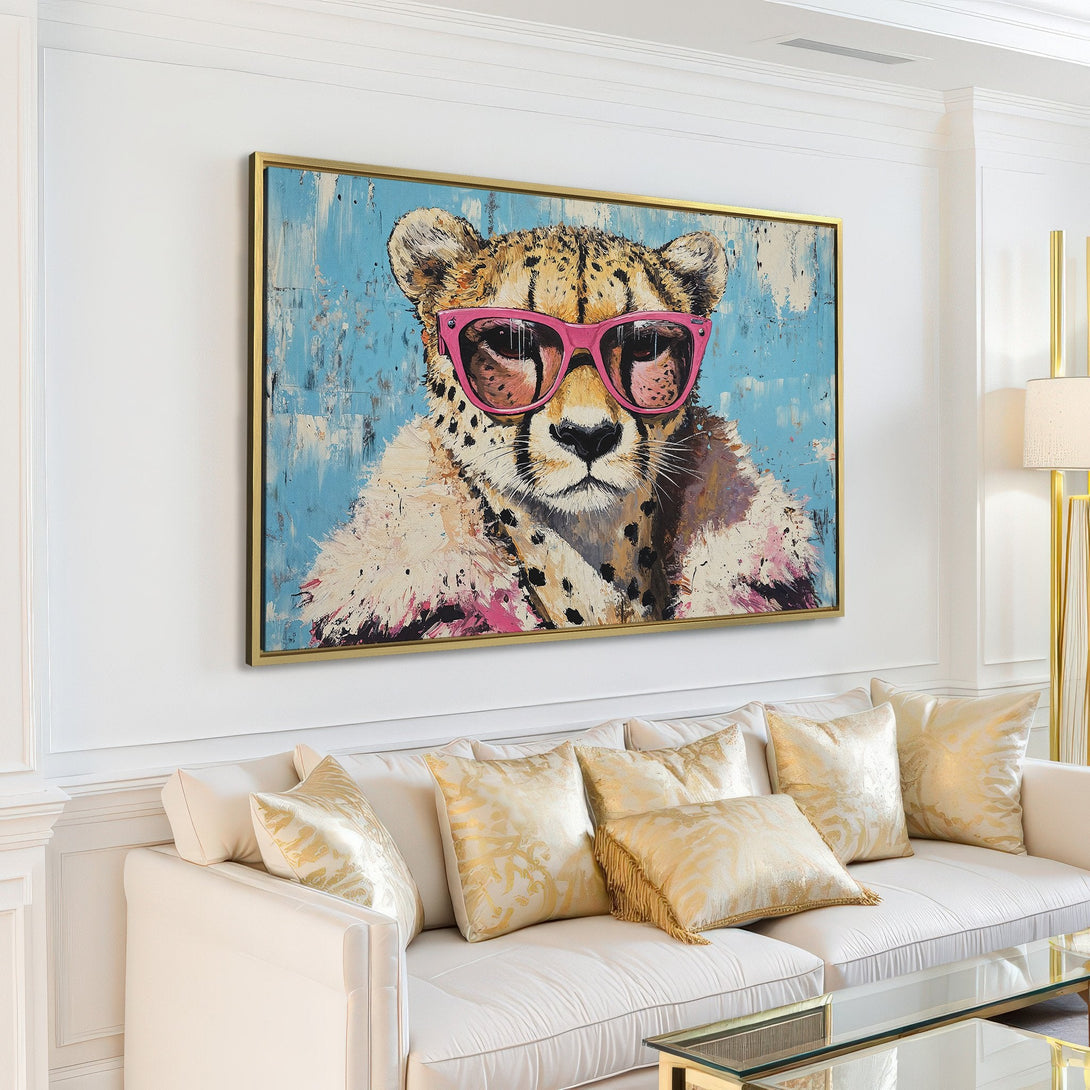 Canvas Print of a cheetah wearing pink sunglasses, modern art style, with a blue and neutral color palette. Perfect wall decor!