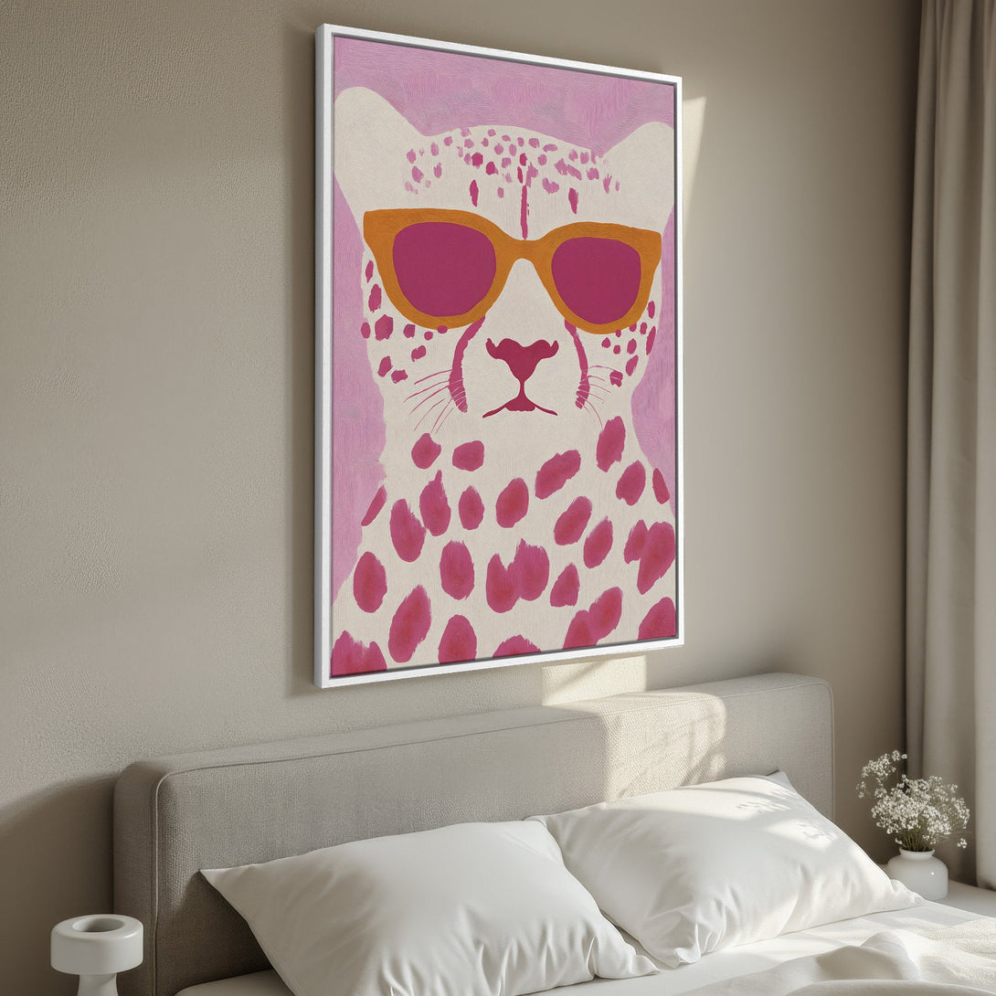 Framed Wall Art featuring a cool cheetah in pink and orange, perfect for adding a pop of color and personality to your bedroom decor.