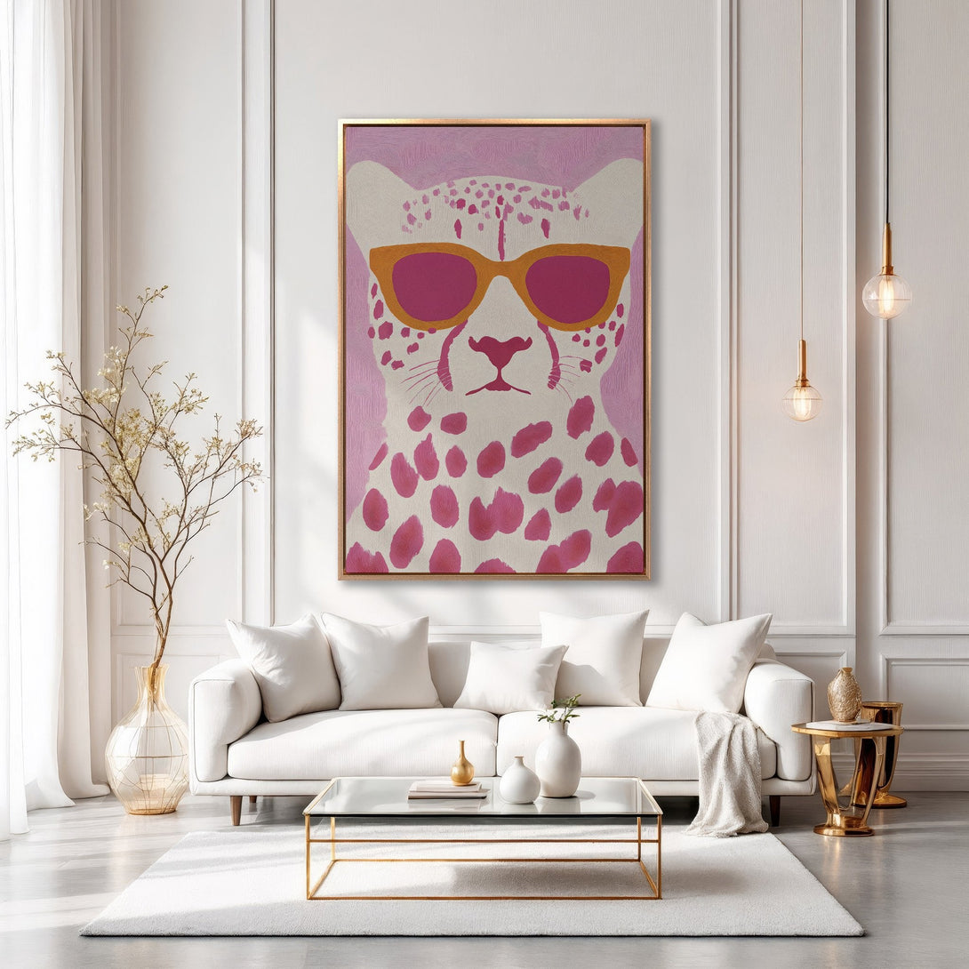 Framed Wall Art: Pop art cheetah wearing sunglasses. Pink and orange accents on white background. Stylish wall decor for modern interiors.