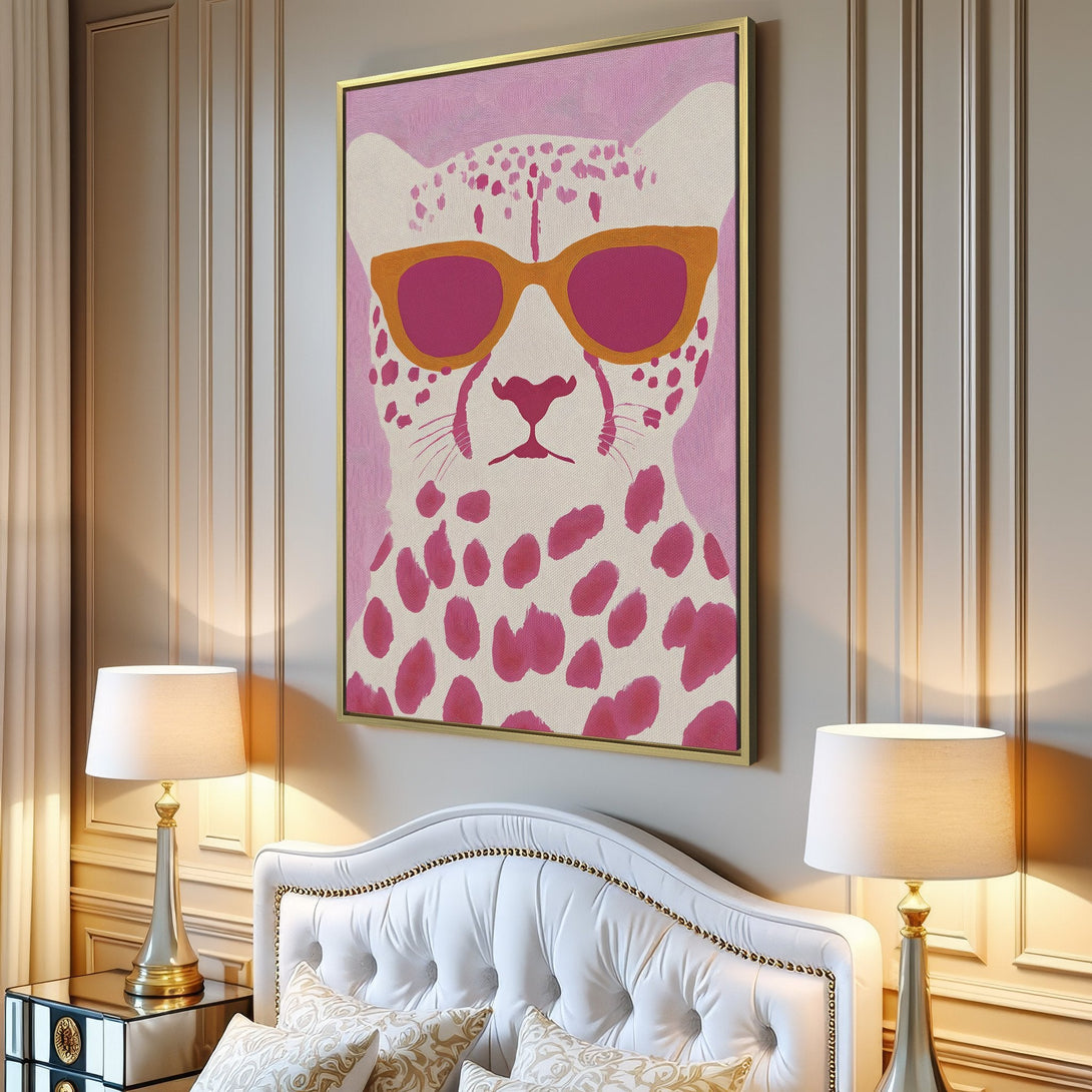 Canvas Print of a cool cheetah wearing sunglasses, in a pop art style, with a pink and orange color palette. Perfect wall art for your home!