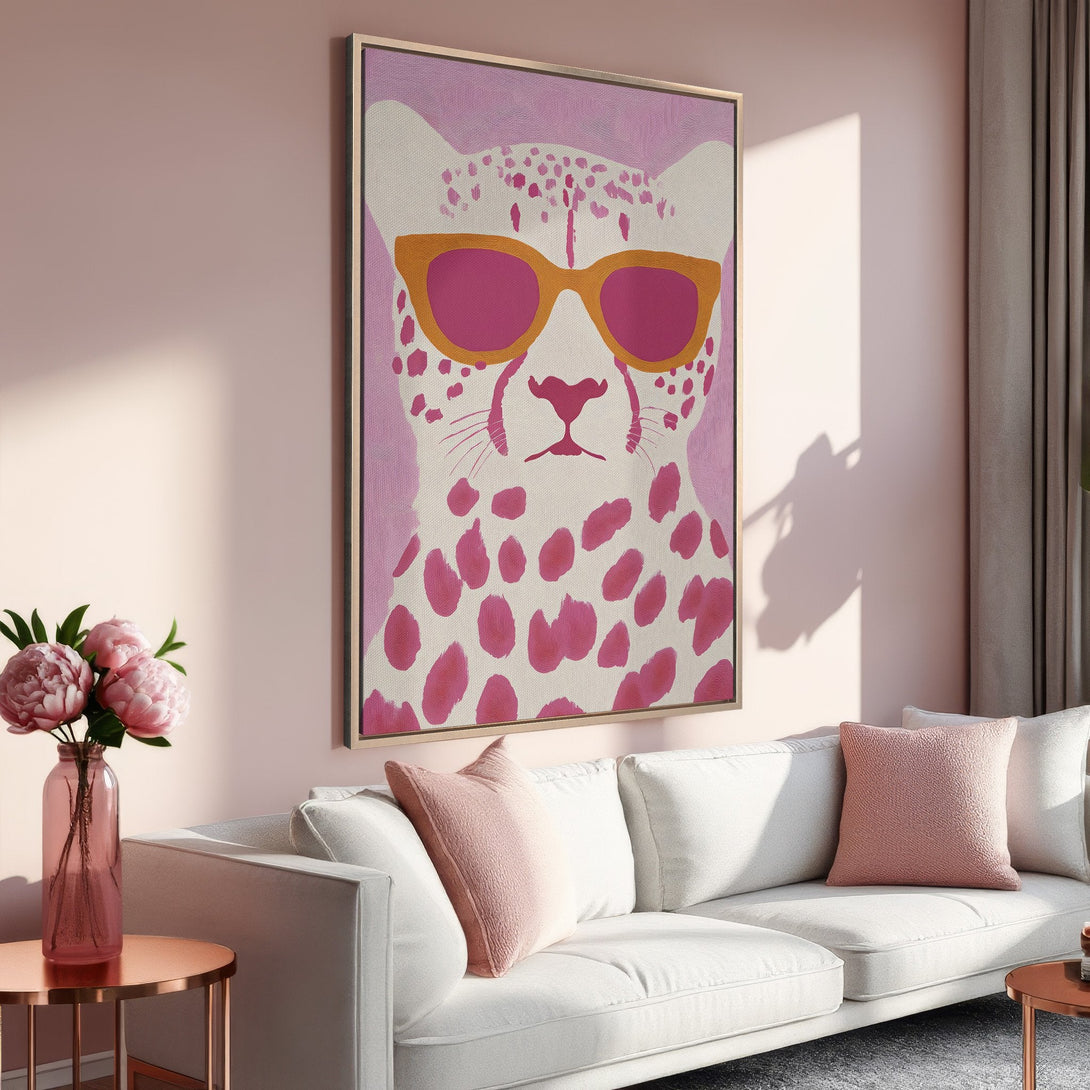 Framed Wall Art: Playful cheetah print canvas art in pink and orange, adding a pop of color to any space. Modern, stylish decor for your home.
