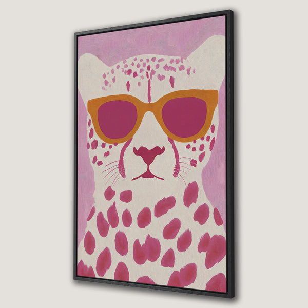Framed Wall Art featuring a stylish cheetah wearing sunglasses. Modern art with a pink and orange color palette, perfect for adding a pop of color to your space.