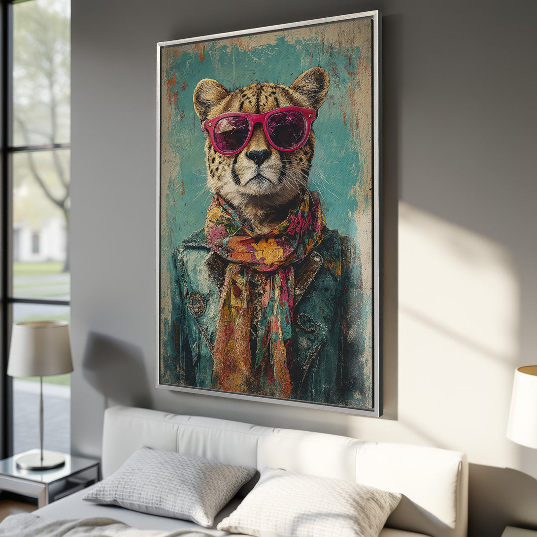 Framed Wall Art featuring a stylish cheetah with sunglasses, vibrant colors. Perfect for adding a unique touch to your home decor.