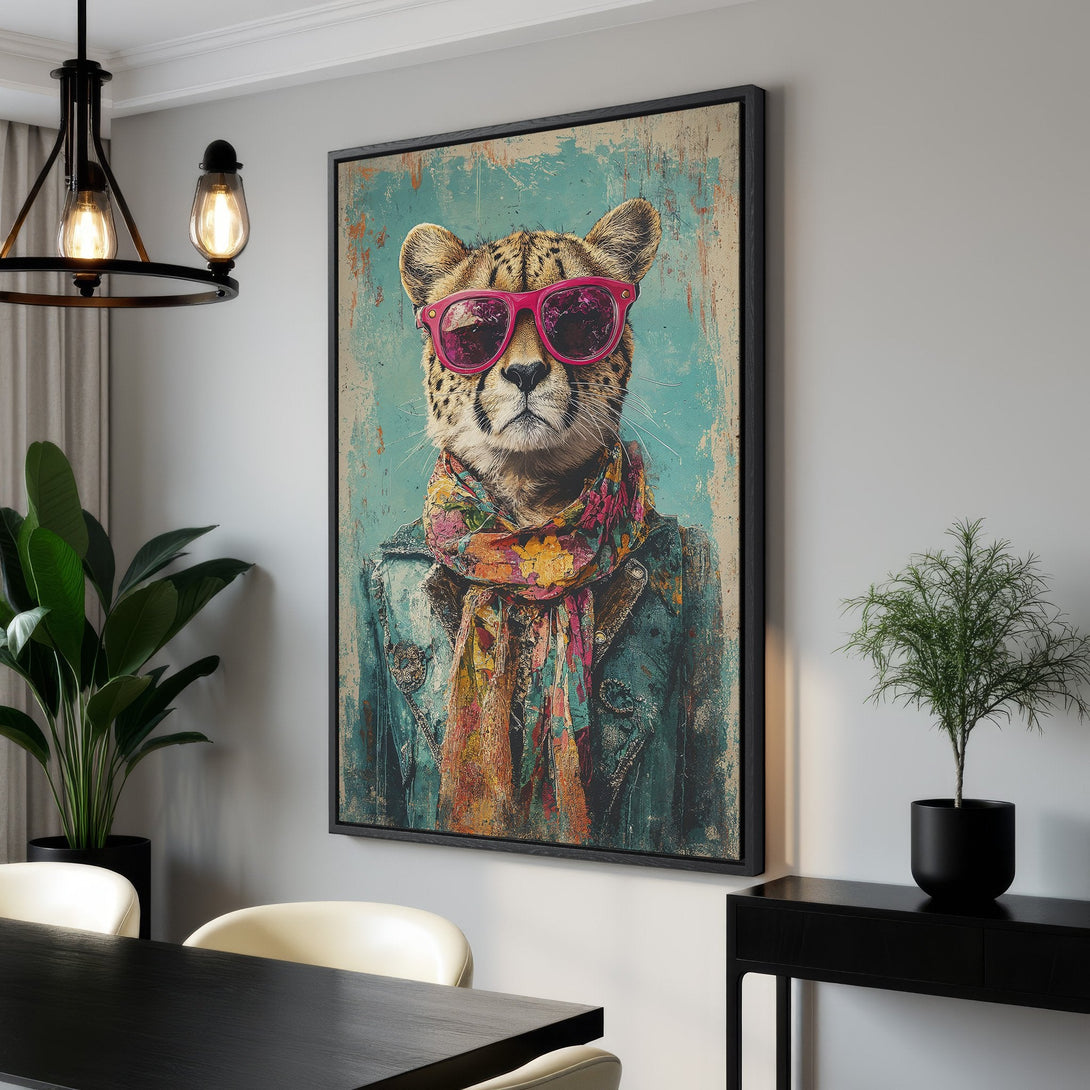 Framed Wall Art: Stylish cheetah wearing sunglasses. Modern, vintage-style art with teal, pink, and neutral tones. Perfect for adding personality to any room.