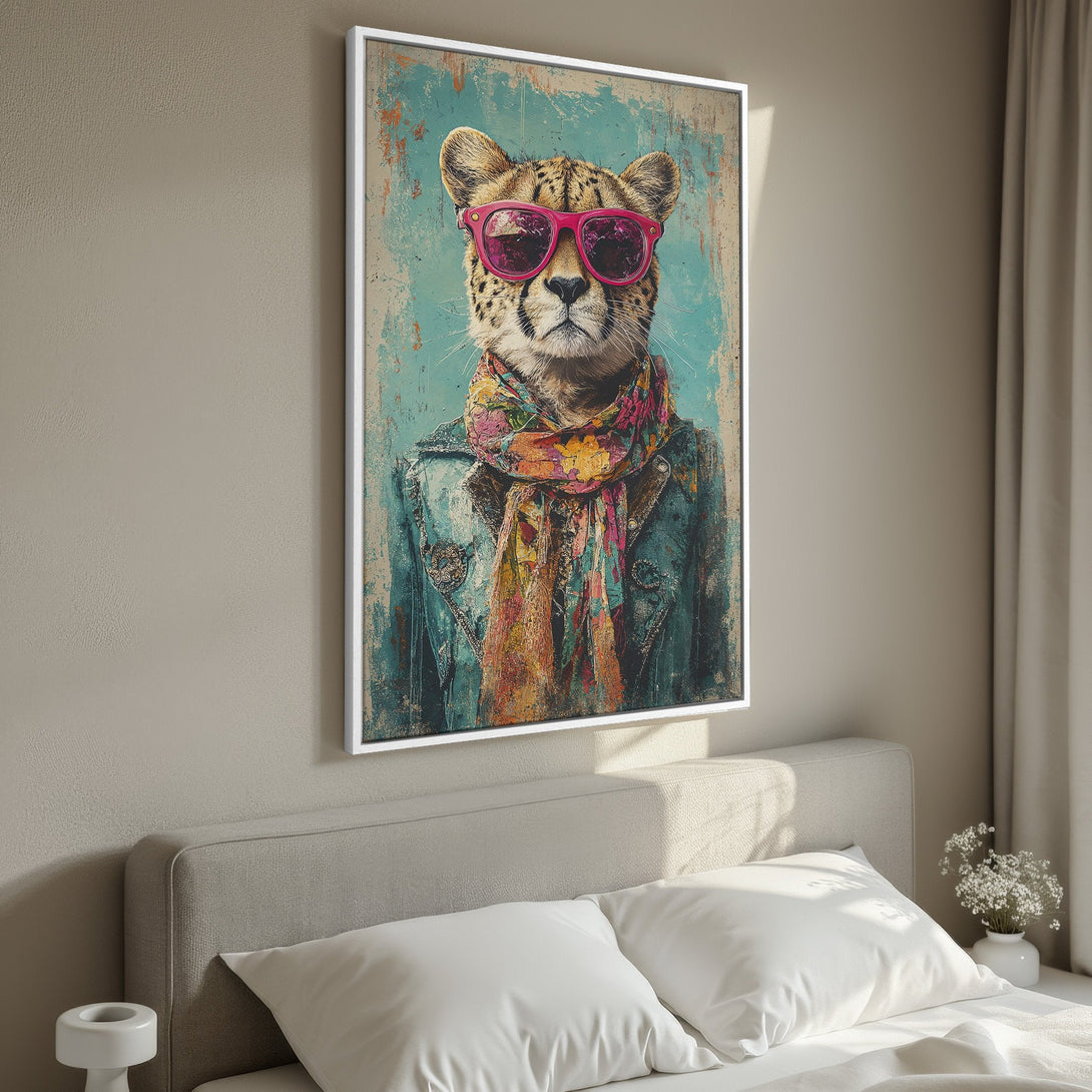 Framed Wall Art: Hipster cheetah in sunglasses. Modern, colorful canvas print with turquoise, pink, and gold tones. Perfect for adding personality to your space!