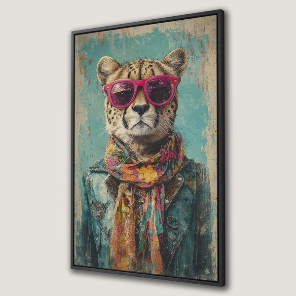 Framed Wall Art: Hipster cheetah in pink sunglasses, vibrant teal & colorful scarf. Modern canvas print with a cool, artistic vibe. Add personality to your space!