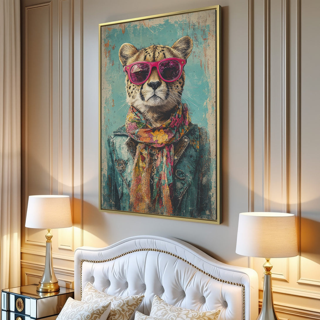 Canvas Print: Hipster cheetah art with pink sunglasses, blue & teal background, colorful scarf. Modern wall decor for a stylish living room.