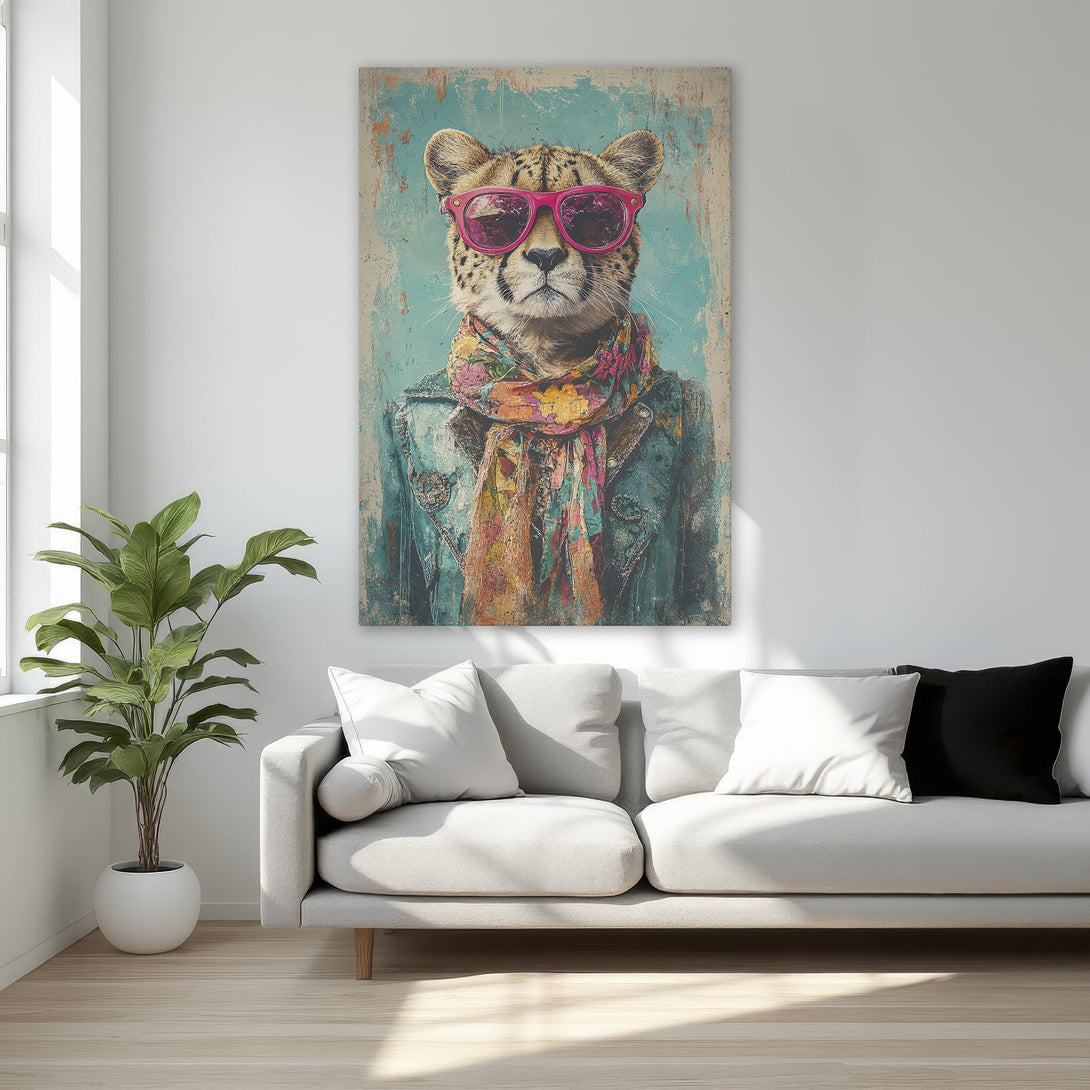 Framed Wall Art: Hipster cheetah canvas print with pink sunglasses. Trendy wall decor in teal, gold, and colorful accents. Perfect for a stylish bedroom!