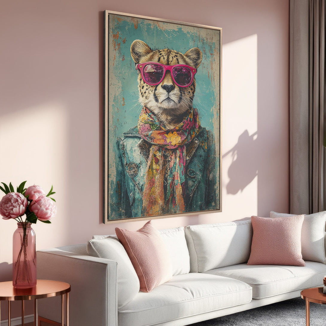 Framed Wall Art: Stylish cheetah wearing sunglasses, vintage style, teal & pink color palette. Perfect for adding a touch of whimsy to your home decor.