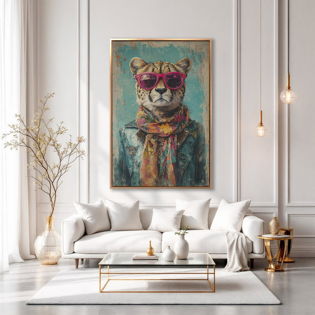 Framed Wall Art: Cool cheetah in sunglasses, pop art style, displayed in a modern living room. Features a vibrant, colorful palette with teal and pink accents.