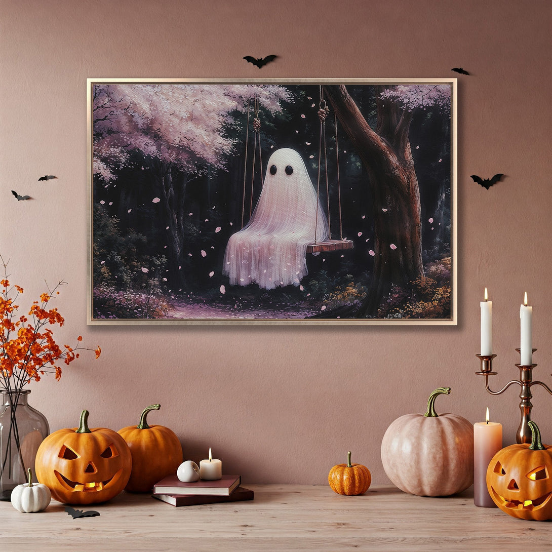 Framed Wall Art: Spooky ghost on a swing in a dreamy forest. Pastel pink and purple color palette, perfect for Halloween decor.