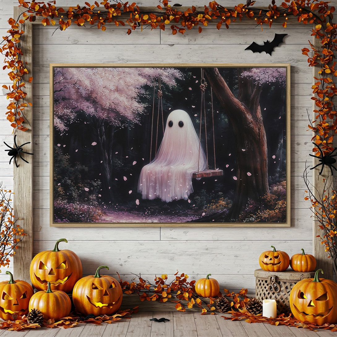 Framed Wall Art: Whimsical ghost on a swing in a forest, soft pink and dark green palette. Perfect Halloween decor!