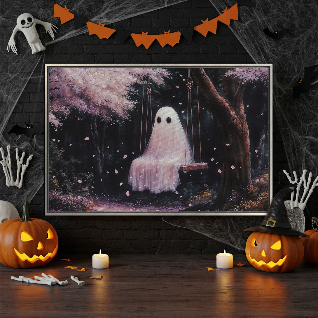 Framed Wall Art: Spooky ghost on a swing in a dreamy forest. Pastel pink and dark green color palette. Perfect Halloween decor!