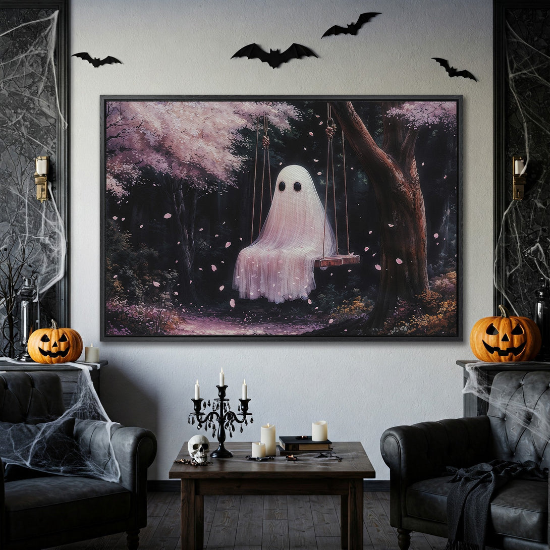 Framed Wall Art: Spooky ghost on a swing in a dark forest, with a pink and purple color palette. Perfect Halloween decor!