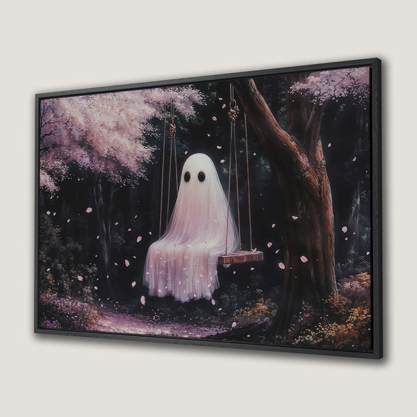 Canvas Print featuring a whimsical ghost on a swing in a forest. Soft pink and dark color palette, perfect for adding a touch of art.